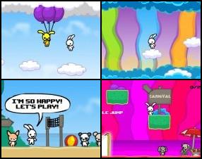 In this strange but funny free online game you have to guide little acid bunny through different levels. Jump over clouds, collect various items and many more. Use arrow keys to move and jump. Press Jump button twice for a double jump.