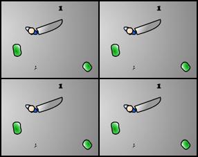 Go around chopping things with your big knife. Slice the green globbles and stay alive without letting them touch you. To attack, click the left mouse button. The character will always attack facing the cursor’s current location. The X key will quit the current game and return to the main menu.