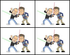 Fight as Bill Gates or Steve Jobs as you put the other one in their place. And you have light sabers. Hurt Your opponent with correct moving of Your Mouse. Watch directions in the beginning of the game. Move with Your arrow keys. At the end just finish him :)