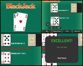 Another very nice Blackjack game version with nice graphics and good colors. The table rules are simple as usual - beat dealer by collecting more points than he has but less or equal to 21. Use mouse to control the game. Try to get the best rank and submit your score!