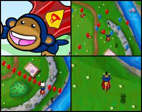 You play as a super monkey from Bloons series. This time you must fly around and pop the balloons. You must pop as many bloons as possible and collect the power blops. Use blops to upgrade your weapons. Use Mouse to control Super Monkey. Press ESC to open upgrade window.