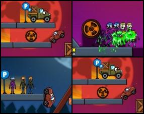 This games is something similar to popular game Vehicles, the only thing is that you have to kill all the zombies. Run over them and don't let the cars fall off the platforms. Use Mouse to click on cars to make them move or stop. Also you can click on orange platforms to remove them.