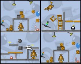 Your aim is to figure out how to destroy the robot. Use all available items to reach your goal. Turn on all button around the level to force the robot to kill himself. Use Mouse to drag and place items on the screen. Press Start when you're ready.