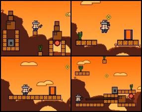Your task to help little Cuboy to find and reach the exit in each level. Guide him through different platforms by shooting various objects and targets to open the exit door. Use Arrows to move and Mouse to aim and shoot.