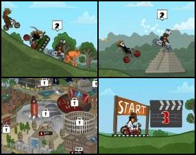 Another episode from Cyclo Maniacs series. Select and upgrade your crazy driver and race through different terrains around the world. Perform stunts to collect extra points, collect stars in the air. After each race use earned money to buy upgrades. Use Arrows to control your bike. Press Space to jump.