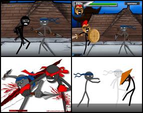 In this game you can meet all favorite Stickpage characters as Spartan, Jack, Yuken, Samurai Mack and other. Choose your fighter, control him with Arrows, use A and S keys to punch, D and F keys to kick. Use W E R keys for special moves. Click on the opponent to finish him.