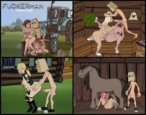Cartoon sex maniac Fuckerman is at it again, this time he brings his paper bag-covered head to a remote Russian village filled with lonely young whores to plow. Some women need to be tamed by clubbing them with your cock, others are eager to get their gash split. There's a milk maid to help with her chores (she'll add your “milk” to her bucket), a BBW who wants a new hat, and even a girl who'll suck off a horse to get your attention. Controls are simple: Use W A S D keys to move, click the mouse to hit women with your big cock. Use F key to open doors, E to fuck the girls and use items. Use ESC button to return to main menu. This game was made using Unreal Engine 4, which looks beautiful but is not supported by all web browsers. Try to reload if the game freezes.