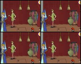 Scooby and Shaggy are hiding in the cellar. You must disguise them by using the costumes present on the screen. Following the statue model in the bottom left corner. Take the items by dragging them on the character. Some parts of the costumes can be hidden and you must click on other objects on the screen to find them.