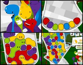 Colored blobs are trapped in different shaped glasses. Your task is to free them. Little blobs of the same color stick together - you must click on them to make them disappear. Use special items to improve your score. Sometimes you need to remove group of blobs to release trapped ones. Clear all blobs to get 200 bonus points.