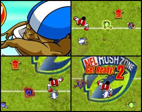 Your task in this National Football League game is to pass field to the end zone without being tackled. Use Left and Right Arrows to pass the ball to any teammate in line with you and avoid from being tackled. Use Up and Down Arrow to move active player. Pass the ball through power ups.