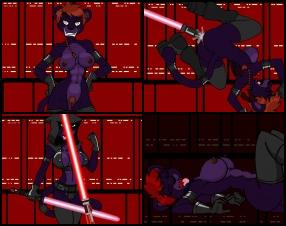 In this free sex game you have to fight against some blue skinned furry slut. She will throw different objects at you and your task is to use your laser sword to protect your self. Time by time she'll take off some stuff or do some action.
