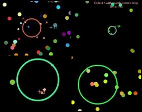 In this simple game you have to catch required number of the bubbles into circles. Play through 15 levels without mistakes to set the highest score. Use mouse to find the right spot and click to create a ring around the bubbles and catch them.