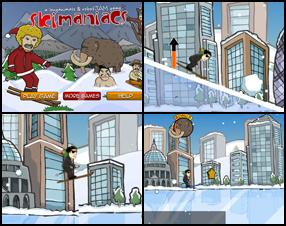 You have to ski across winter city and destroy obstacles to get points. Use left and right arrow keys to lean yourself back and forward. Press Up arrow to push and Down key to jump. Press X or Space to perform stunts in the air. Press Up fast at the start for extra boost and super start.