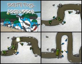 Another tower defence game featuring aggressive penguins. Your task is to protect South pole from invading human army that are planning to build a military base there. As always: destroy, earn money, buy upgrades and new towers. Use mouse to play this game.