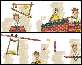 Bob is sitting on the bricks and dreaming about money. He's a regular office worker so you have to solve these puzzles to guide the golden coins to the Bob and make him rich.  Use Mouse to draw wooden sticks around the screen to create various constructions to get the money. Press Space to start or stop.