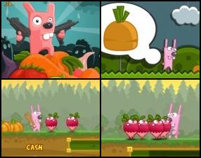 Help pink rabbit to fight against monster vegetables. He used toxics to make his favourite carrot grow bigger, but it looks like this effect took all other vegetables. Use Arrow keys to move. Press Space to attack. Use Down arrow to pick up things.