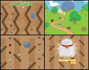 Your task is to help the cat to go through the mazes and eat as much sushi as possible. He will become fat as he eats. Fill him up to win a level and continue to the next. Use mouse to set position of the cat and click to drop him. Anything else depends on how lucky you are.