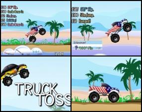 You are a monster truck driver and your task is to drive until you're out of gas. Perform many tricks and pick up power ups to earn more money. Use that money to upgrade yourself. Use Arrows to move your car.
