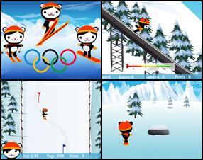 Participate Winter Olympic Games 2010 with Miga. Set the highest score in all disciplines and You'll be the winner. In Skiing you have to pass all flags as fast as you can. In Ski Jumping you must get maximal speed for your jump, hold your balance and make a perfect landing. Finally Snowboard - Finish the track as fast as you can. Use arrow keys and Space (only in Ski Jump) to control our Olympic Games 2010 mascot. Submit your score.