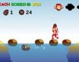 Beach bobbing Bob - Carry as many coconuts across the river by hopping left and right on the barrels with the cursor keys. You get 1 point and 10 seconds extra for each safely delivered coconut. Good luck and watch out for those bobbing barrels!