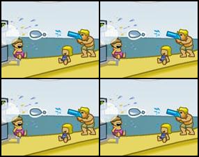 Ever see those annoying little brats at the beach? Now’s your chance to take it out on them. Make ‘em cry! Use A S D W keys as main keys S to jump, arrow key down to duck, D to shoot. SPACE to throw the waterbag :)