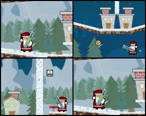 Santa is little depressed. He's out of time and have to hurry up to deliver all presents to lovely children. He got bazooka! Use Mouse to aim and shoot the presents into chimneys. Use Arrows or W A S D keys to move around. Avoid spikes.