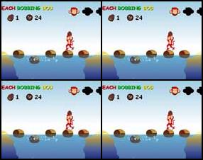Carry as many coconuts across the river by hopping left and right on the barrels with the cursor keys. You get 1 point and 10 seconds extra for each safely delivered coconut. Good luck and watch out for those bobbing barrels!