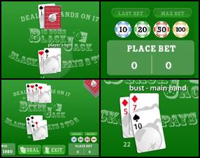 Сыграй в Блэк Джек и выиграй как можно больше виртуальных денег. Постарайся собрать картами 21 очко, но не больше, иначе проиграешь. Делай разумные ставки, чтобы избежать скорого окончания игры. Вы можете использовать фишки со значением от 10 до 100.