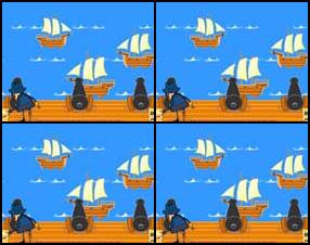 Help Pirate Pete defeat the invading Armada by firing cannonballs and sinking all the enemy ships. Control Pete using the LEFT and RIGHT arrow keys – when Pete is near a cannon a ring will indicate that you can control and fire that cannon. Use the UP and DOWN arrow keys to set the angle of the cannon and the SPACEBAR to fire.
