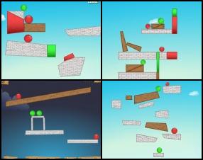Your task is very simple - make the green and red shapes collide with other shapes with the same color. Look for the right timing to remove the wooden blocks to get all balls in motion. Use mouse to click on the wooden blocks.