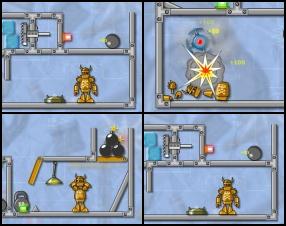 Your task as in previous part of this game is to destroy the robot using various chain reaction mechanisms and buttons. Find the right сto crash the robot. Use your mouse to drag objects on the screen. Click on Start button to proceed.