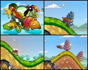 Your aim is to run as fast as you can, collect crystals and fulfil Armadillo dream to fly like a bird. Use collected diamonds to buy new upgrades. Keep him happy by flying fast, otherwise you'll have to try again. Use Arrows Down and Up to balance his flight and landing on the hills.