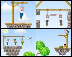 If you remember first part of this skill game then you already know what's all about. Your task is to save hanged innocent people. To do that use your mouse to aim with your bow, click - hold - drag to set the power of your shoot and then release to shoot and cut the ropes.