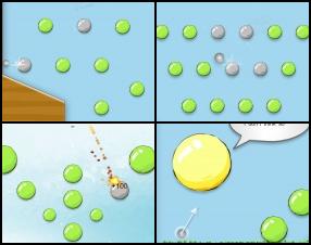 Your task is to hit all your targets with limited number of balls. Clear the green balls off the screen. Use Mouse to aim and shoot the ball. After the hit green ball will become gray. Use yellow balls, walls and other objects to bounce.