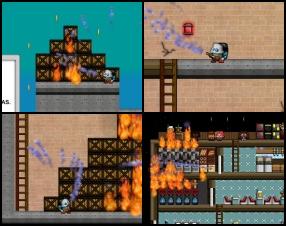 Your task is guide little fireman robot around the city and fight the fire. Collect coins in your way and use them for upgrades. Also you have to rescue people. Beware of burning explosives. Use W A S D to move your fire-fighter. Use Space to drop a sprinkler. Aim and shoot the water with your mouse.