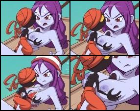 This is a short animation filled with spicy sex scenes. Our main character will be one Tinkerbat from Risky's silent shadow army. He will be titty-fucking Risky Boots while enjoying how his huge cock is sandwiched between the twins. He will enjoy watching her pretty face as he strums her boobies. Her eyes widen as he shoots a huge cum load all over her face. She is his dirty slut and he loves it. She may boss him around at work but in the bedroom, she is his little whore. As you will soon figure out, this game is a parody from the Shantae series. If you want to customize it, there are a few customization options available on the top left corner.