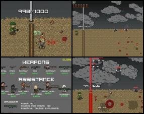 Your mission is to protect your territory against attacking enemy zombies. To do that you have to spend your hard earned money on weapons and assistance regularly. Survive all 50 levels. Use Mouse to aim and shoot. Press R to reload, Space to drop the bomb. Heal yourself by pressing H (it costs 50$).