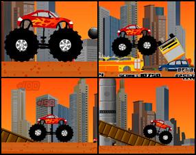Your task in this car destruction game is to destroy cars, various kinds of other devices and finish all 12 levels. You can choose from 3 monster trucks and a bonus monster bus. Use the arrows to control your car and lets start destruction.