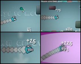 In this simple arcade game you have to control your snake and eat little monsters to earn points and gain achievements. Avoid various obstacles in the tunnel and survive as long as possible. Use Up and Down Arrows to move.