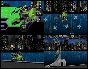 Drive through urban jungle with your cool ninja bike. Your bike has nitro powers, use it to perform different stunts, collect ninja stars to get bonus points. Use Arrow keys to control speed and balance of your bike. Press Space to jump. Use 1 - 4 Number keys to perform tricks.