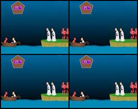 Help the Priests and Devils to cross the river. Click on them to move them. Click the go button to move the boat to the other direction. If the Priests are out numbered by the Devils on either side of the river they get killed. Good Luck!