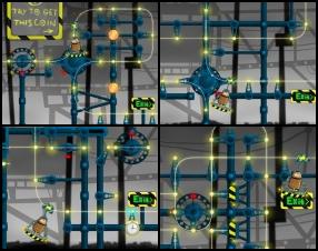 Your task is to guide little robot to the exit point on each level. Switch and rotate rail parts to complete your task. Make sure that you create the shortest way and collect as much lightning coins as possible. Avoid evil cops. Use Mouse to play this game.