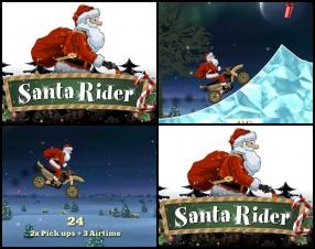 Vai esat kādreiz redzējuši Ziemassvētku vecīti braucot uz motocikla? Ir 21. gadsimts un viņš ir sācis izmantot jaunu transportu, lai nogādātu dāvanas. Turi līdzsvaru, vāc dāvanas pa ceļam, taisi dažādus trikus gaisā. Izmanto bultiņas, lai vadītu motociklu.