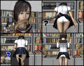 In this short game you'll not find nudity, as hero of this game is peeking on a girl who stands and reads a book in the library. She realizes that her skirt is stained and rushes to the toilet. Click on the link below to watch what happened next.