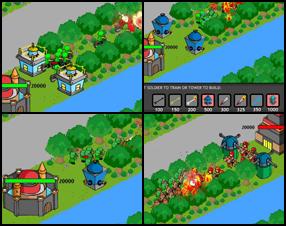 The war between your kingdom and enemies warms up. Defend your city and try to destroy the enemy city. Train troops that will attack enemy city. Each killed enemy unit earns you money. You can build towers on the designated areas for extra defenses. Use a special attack when available.