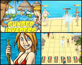 Use your water cannon against all hotel visitors and shoot them back in the pool as they are trying to get on your sunbeds! Use the left and right arrow keys to move your character and press Space to shoot with your water cannon.