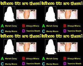 Zu wem gehören diese Titten? Ist es Angelina Jolie, Britney Spears oder vielleicht Jennifer Lopez? Teste, wie gut du dich auskennst. Du musst überlegen, welche der gezeigten Brüste zu welchem Star gehören.
