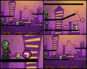 You must pass the ball to other Zombie to complete the level. Your score depends on the distance the head travels to second zombie - it must be short as possible. Drag available arrow icons using your mouse to guide the ball around the stage. Click on the Zombie to kick the ball.