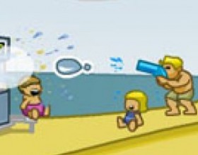 Aqua Slug - Ever see those annoying little brats at the beach? Now’s your chance to take it out on them. Make ‘em cry! Use A S D W keys as main keys S to jump, arrow key down to duck, D to shoot. SPACE to throw the waterbag :)