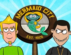 Mermaid City - In this funny online game you have to deal with guy who is selling disgusting hot dogs near your hot dog store. Walk around the city and get all items to deal with that prick. Use your mouse to point and click.